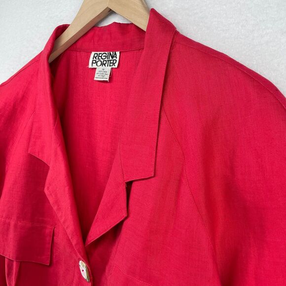 REGINA PORTER Top Women 18 Linen Button Front Collared Short Sleeve Red VTG - Picture 4 of 15